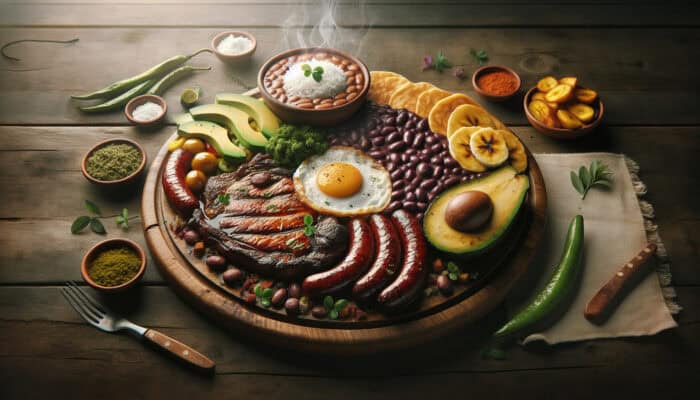 Artfully arranged Colombian Bandeja Paisa platter with grilled steak, chorizo, beans, rice, egg, avocado, plantains, and arepas on a steaming wooden board.