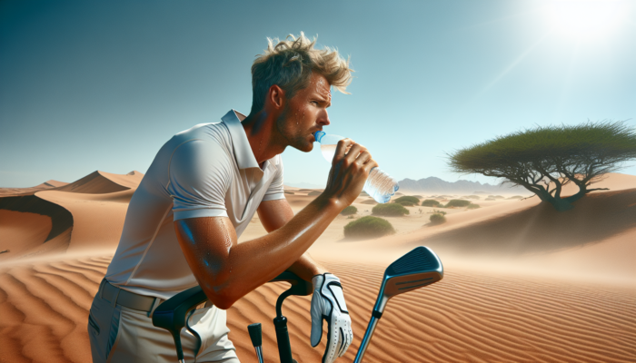 A weary golfer pauses in the Northern Cape desert, seeking shade under an acacia tree while sipping water and holding a club amid dunes.