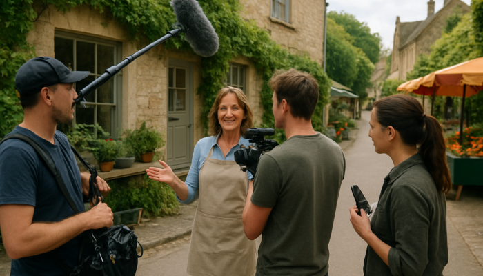 Film crew in historic Corsham filming small business owner outside stone shop with greenery and market stalls.