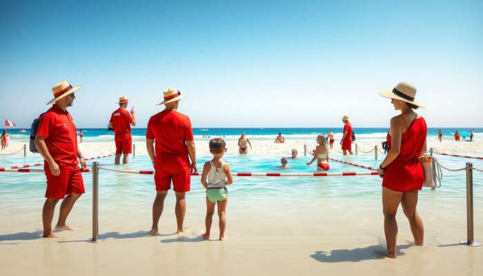 Beach scene featuring lifeguards in red uniforms watching swimmers in designated areas, families wearing hats and sunglasses under bright sun.