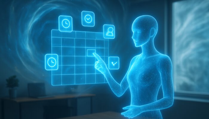 A holographic AI assistant organises a digital calendar with floating icons in a serene office amid chaos.