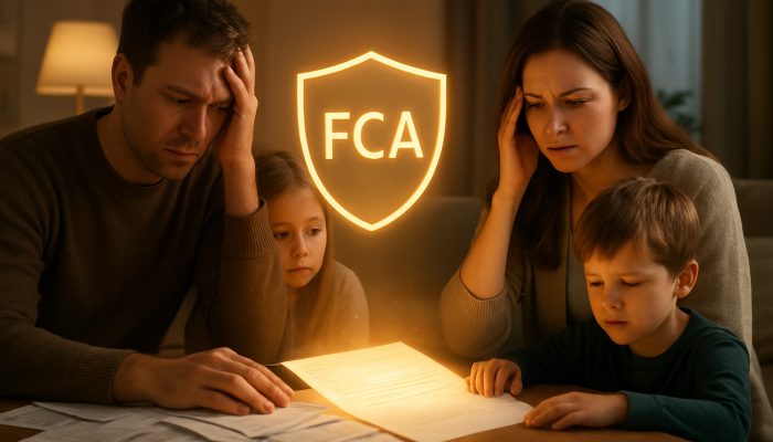 Combining Debts While Supporting Relatives: Key Tips | DCL Stressed UK family merging debt bills into glowing loan under FCA shield for financial relief.