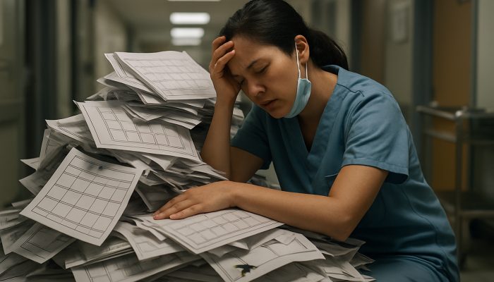 Exhausted healthcare worker in scrubs buried under overflowing calendars and unused vacation tickets in chaotic hospital.