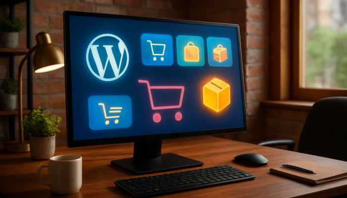 A lively WordPress dashboard in a Bridport office, displaying WooCommerce e-commerce icons and shopping carts.