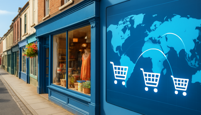A vibrant Bridport shop merging with WooCommerce e-commerce carts and global maps for UK business expansion.