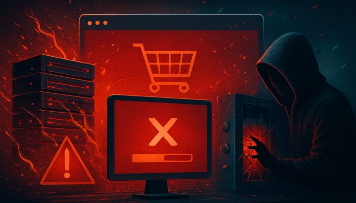 Disorganised e-commerce site: overloaded servers, slow loading pages, red error screens, and breached firewalls.