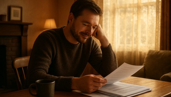 Reflecting on Your Debt Consolidation Journey: Valuable UK Insights | DCL Person reviewing merged debt papers in cozy British living room, showing quiet relief and clarity.