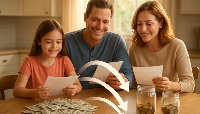 Reflecting on Your Debt Consolidation Journey: Valuable UK Insights | DCL Family consolidating bills into one payment at sunlit kitchen table with savings jars