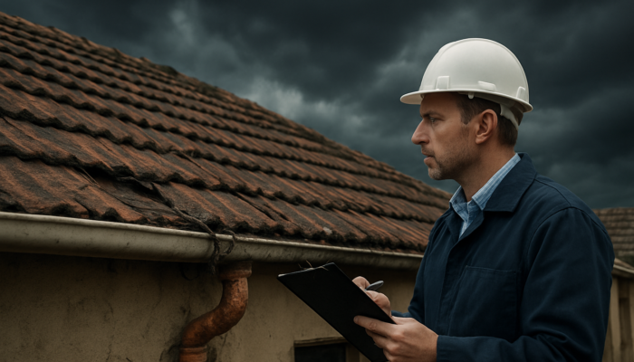 Professional inspector examines a cracked roof and exposed wires on an older South African home in Springs under a stormy sky.