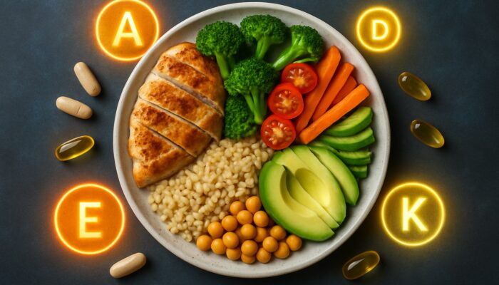 Balanced plate showcasing sections of protein, carbohydrates, and fats alongside supplement capsules and vitamin icons