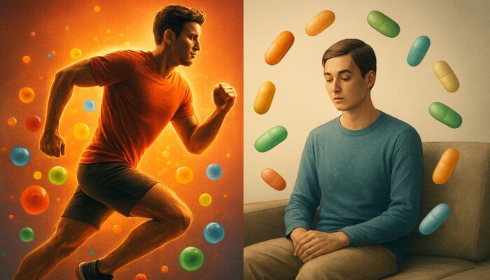 Illustration depicting an energetic athlete with antioxidant multivitamins next to a calm sedentary figure with nutrient capsules.