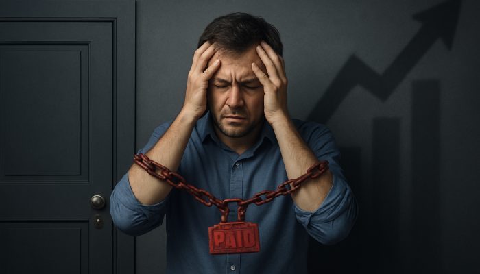 How Missed Payments Affect New Loan Chances: UK Consequences | DCL Stressed borrower shackled by missed payments before closed mortgage and loan doors with increasing insurance costs