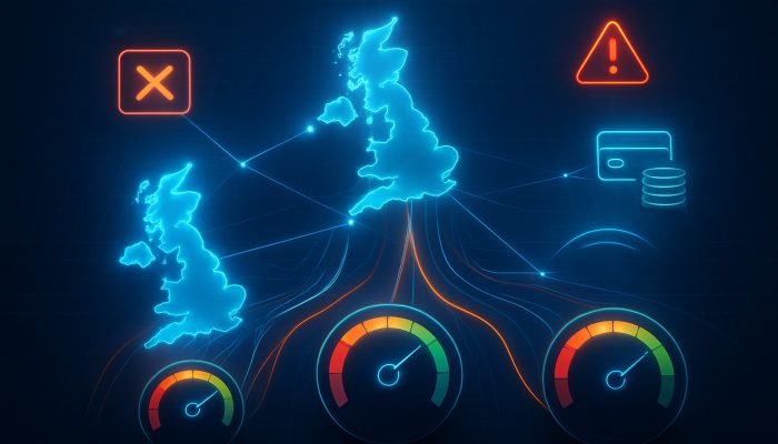 How Missed Payments Affect New Loan Chances: UK Consequences | DCL Futuristic digital web connecting UK credit agencies Experian, Equifax, TransUnion with scoring meters and payment alerts