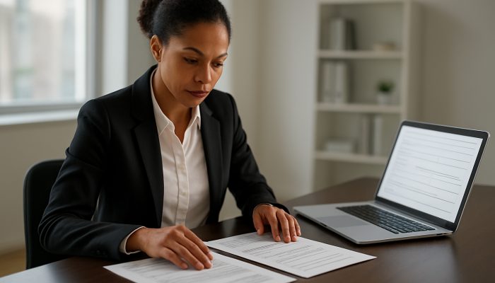 Combining Debts from Multiple Banks: Key Options | DCL Professional organising income proofs and identification documents beside a laptop for loan application in a bright modern office