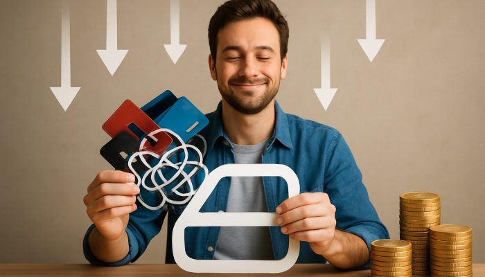 Combining Debts from Multiple Banks: Key Options | DCL UK borrower consolidates tangled credit cards into a low-rate loan with descending interest arrows and saved pounds