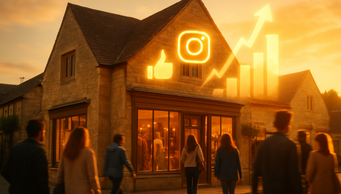 Digital illustration of a Tetbury boutique with glowing Instagram icons and rising growth charts attracting customers.