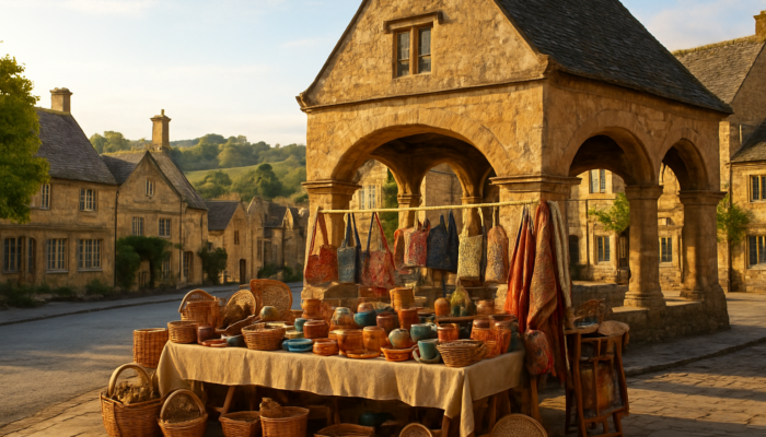 Display of local crafts from a small business beside the Tetbury Market House in sunny Cotswolds Gloucestershire