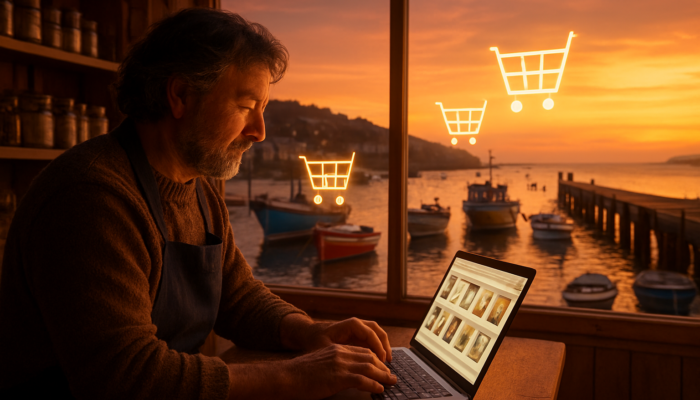 Teignmouth harbour shopkeeper at sunset with glowing laptop and floating e-commerce carts over boats