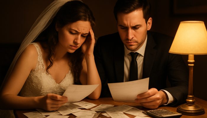 Newlywed couple reviewing scattered wedding receipts and statements at cozy table post-ceremony.