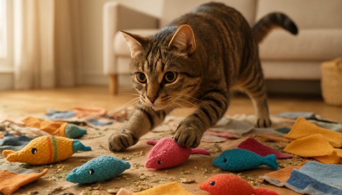 A playful tabby cat pouncing on colourful DIY catnip toys in a sunny room.