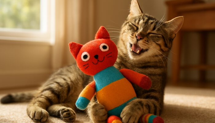 A joyful cat playing with a brightly coloured, securely stitched plush toy in a sunny home.