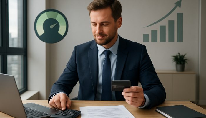 Demonstrating Responsible Financial Behaviour to Lenders: Effective Strategies | DCL British professional pays off credit card with glowing 25% utilization meter and rising credit scores