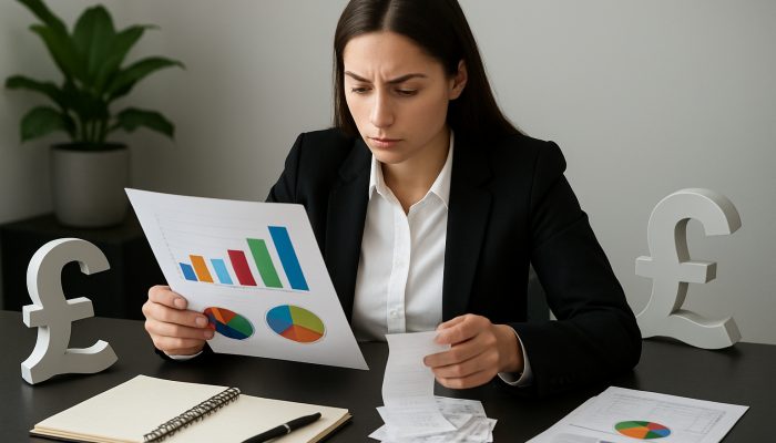 Demonstrating Responsible Financial Behaviour to Lenders: Effective Strategies | DCL Young professional reviewing income-expense charts with British pound symbols at sleek desk