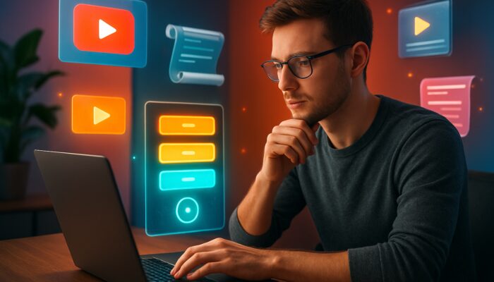 Young creator reviews pricing tiers and YouTube thumbnails on a laptop in a vibrant studio.