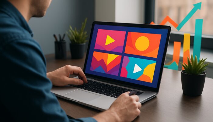 Creator designing vibrant video thumbnails on a laptop with rising engagement graphs in a sleek workspace.