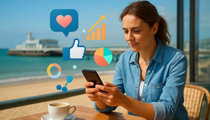 Small business owner creating social media strategy on smartphone in Bournemouth beach café with charts and sea view