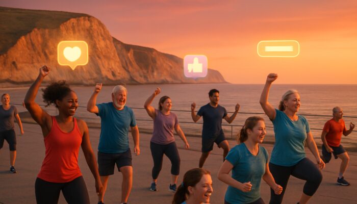 Diverse locals participating in Dorset coastal gym class at dusk with Jurassic cliffs and marketing icons.