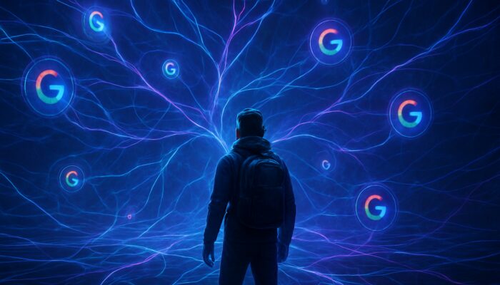 A tech explorer navigating a luminous neural maze of Google icons, guided by MUM algorithm threads in cyberpunk colours.