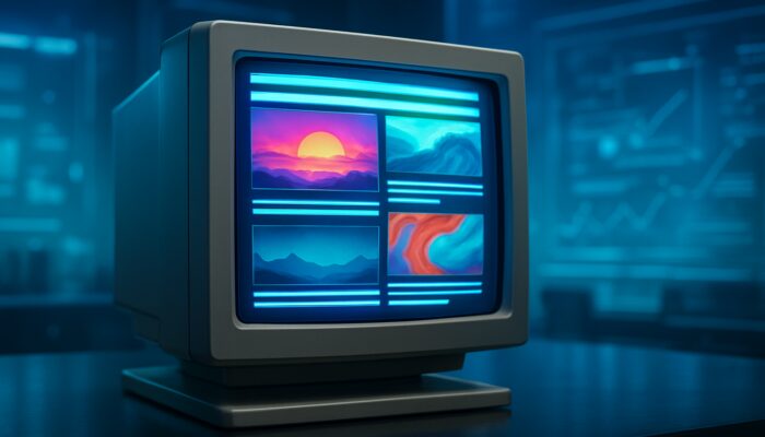 An outdated webpage being revitalised with vibrant images, videos, and expanded text in a futuristic workspace.