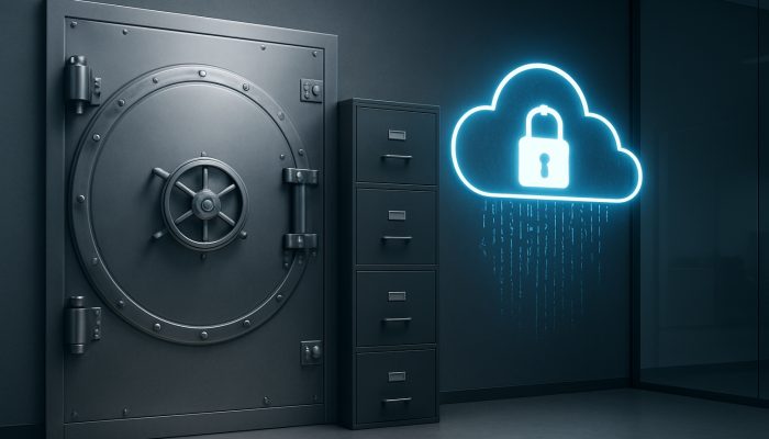 Keeping Copies of Settlement Figures: A Practical Approach | DCL A secure vault featuring locked filing cabinets and a glowing encrypted cloud for settlement documents
