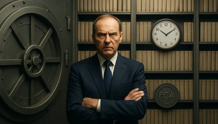 Keeping Copies of Settlement Figures: A Practical Approach | DCL The UK FCA regulator overseeing a vault of financial ledgers with a ticking clock for record retention compliance