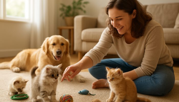 Owner gently playing with curious kittens among toys in a sunlit room for socialisation.