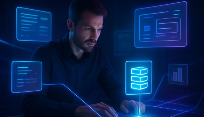 Digital strategist surrounded by holographic blogs, charts, and tools converging on a neon server icon.