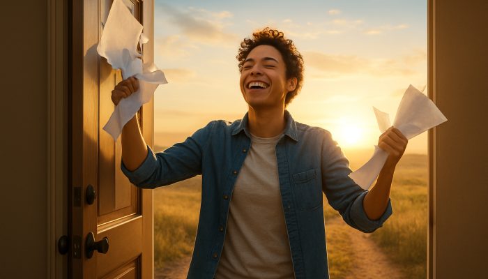 Planning Life After Monthly Debt Bills End: New Beginnings | DCL Relieved individual tearing debt bills, stepping through an open door into a sunlit horizon symbolising new beginnings.