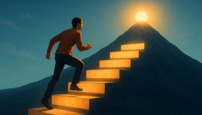 Planning Life After Monthly Debt Bills End: New Beginnings | DCL Individual climbing stepping stones labelled emergency fund and holiday savings towards the summit of financial independence.