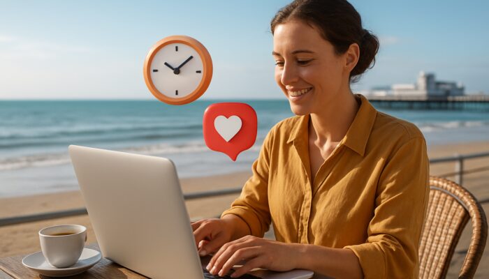 Small business owner organising social media posts on a laptop at Weston-super-Mare seaside café