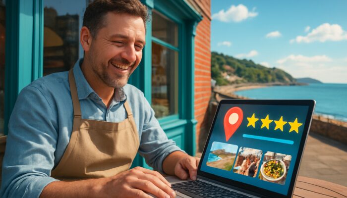 Torbay shop owner updates Google Business Profile on laptop with a scenic coastal view