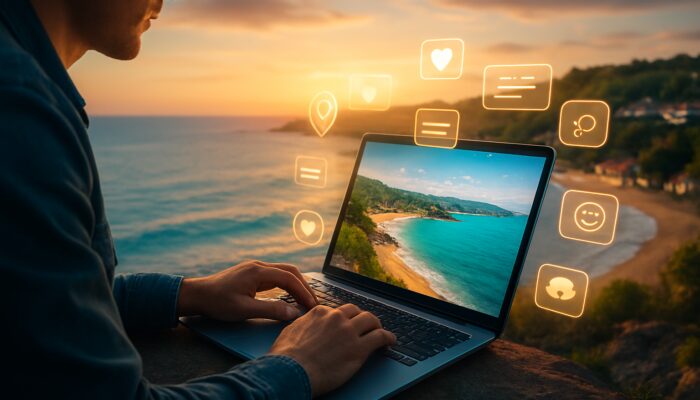 Digital marketer optimising meta tags for a Torbay tourism website on laptop surrounded by scenic beaches and icons
