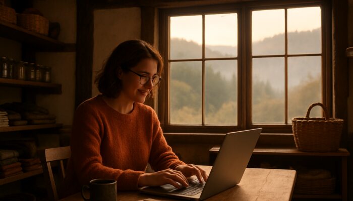 Business owner writing a blog on a laptop in a quaint Lydney shop with scenic views of the Forest of Dean