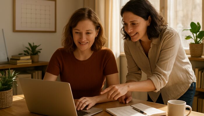 Lydney business owner planning blog posts on a laptop with local expert in a bright office