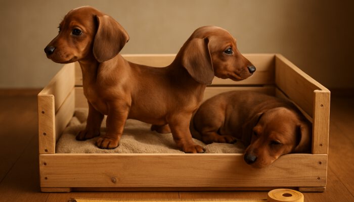 Dachshund puppy comfortably standing, turning, and lying in perfectly sized wooden crate with measuring tape nearby.