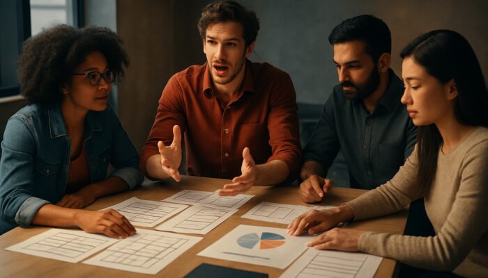 A diverse creative team planning a brand video with storyboards and budget charts in cinematic light