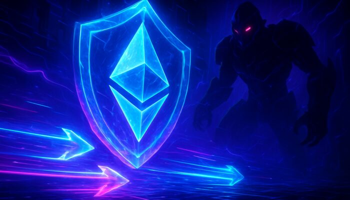 Cyberpunk setting showcasing luminous Ethereum transactions shielded by crystalline armour from nefarious MEV bots in vibrant blues and purples.
