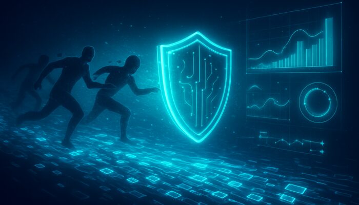 Digital shield preventing MEV front-runners from blockchain transactions with holographic resilience metrics in neon void