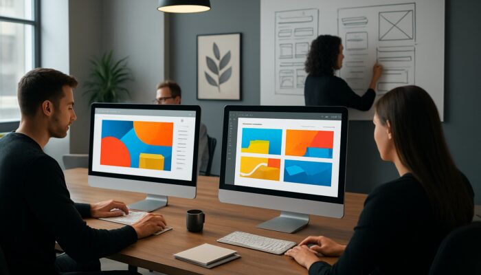 Expert designers in a vibrant Marlborough studio creating dynamic WordPress websites on bright screens.