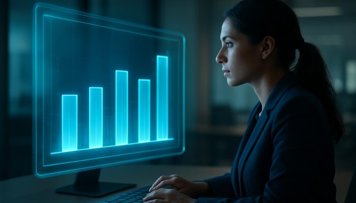 Marketer analysing a holographic dashboard that showcases bar charts comparing video ad engagement rates to industry benchmarks.